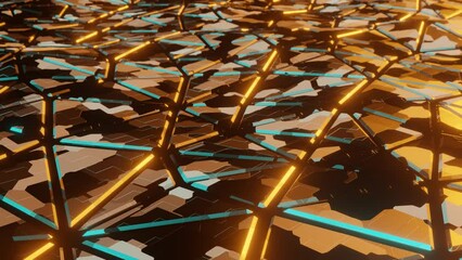 Wall Mural - abstract tech geometric structure with panels in green and orange lights. seamless looping backgroun