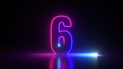 Wall Mural - 3d render, neon number six glowing in the dark with ultraviolet light, pink blue gradient laser ray