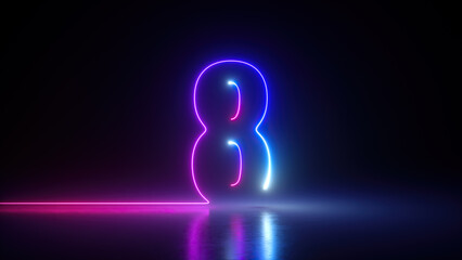 Sticker - 3d render, neon number eight glowing in the dark with ultraviolet light, pink blue gradient laser ra