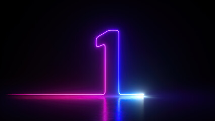 3d render, neon number one glowing in the dark with ultraviolet light, pink blue gradient laser ray