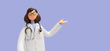3d Render. Cartoon Character Caucasian Woman Doctor Wears Glasses And Uniform. Medical Clip Art Isolated On Blue Violet Background. Health Care Consultation, Medical Science