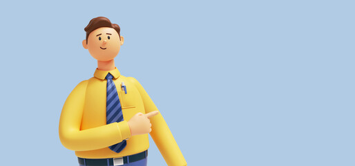 3d render. Cartoon character young caucasian man isolated on blue background. Funny guy wears yellow shirt and blue tie, shows direction with index finger. Recommendation concept