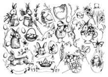 Vector Set Of Hand Drawn Vintage Easter Illustrations.  Happy Easter Outline Retro Images. Rabbits And Chickens, Willow Branches, Eggs In Basket, Royal Crown And Elements. Line Art Design.