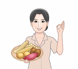 Sticker - 芋類の野菜をもつ女性