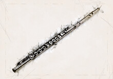 Illustration Sketch Of A Classical Silver Flute On Stripped Paper