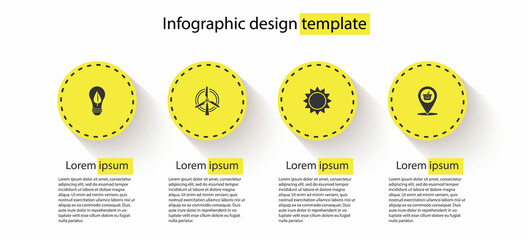 Sticker - Set Light bulb with leaf, Rotating wind turbine, Sun and Location shopping basket. Business infographic template. Vector