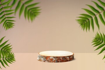 Sticker - Minimal modern product display on a natural background. Wood slice podium and green leaves.