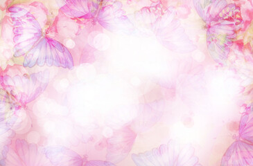 Wall Mural - abstract, pink, bokeh background. flora and butterflies. illustration.