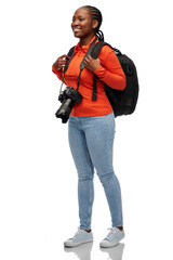 Sticker - people, profession and photography concept - happy smiling woman photographer with digital camera and backpack over white background