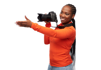 Sticker - people, profession and photography concept - happy young woman with digital camera over white background