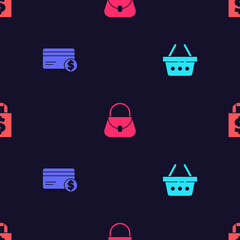 Poster - Set Shopping basket, Credit card and dollar, Handbag and Shoping on seamless pattern. Vector