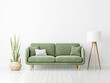 Interior wall mockup with green velvet sofa, snake plant in basket and standing lamp on empty white background. Illustration, 3d rendering