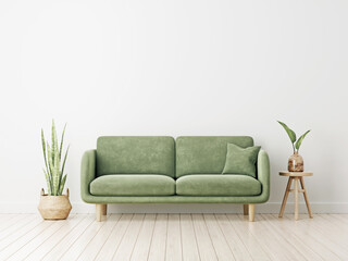 Poster - Empty living room wall mockup with green velvet sofa, pillow, snake plant in basket and leaves in wooden vase on blank white interior background. Illustration, 3d rendering