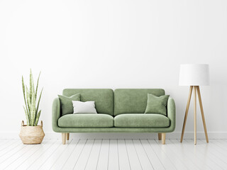 Poster - Interior wall mockup with green velvet sofa, snake plant in basket and standing lamp on empty white background. Illustration, 3d rendering