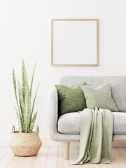 Wall Mural - Square frame mockup in interior with gray sofa, cushions, green plaid and snake plant in wicker basket on empty white wall background. Illustration, 3d rendering