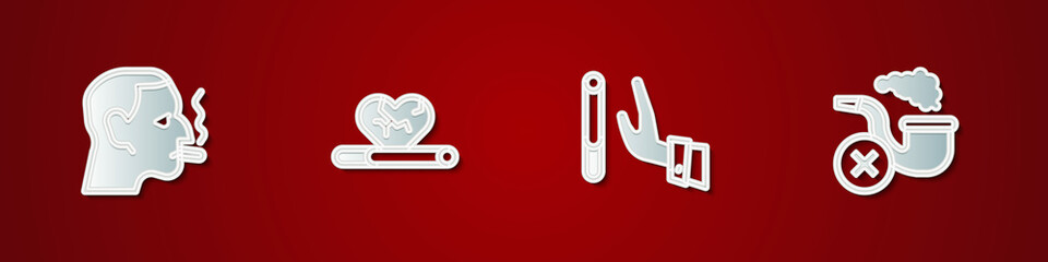 Poster - Set Man smoking a cigarette, Heart disease with, Giving up and Smoking pipe smoke icon. Vector