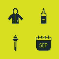 Wall Mural - Set Raincoat, September calendar autumn, Honey dipper stick and Bottle of wine icon. Vector