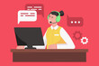 Call center and customer support modern flat concept. Woman consultant in headphones working at computer and answering messages of clients. Vector illustration with people scene for web banner design