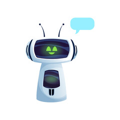 Aufkleber - Robot or chatbot smart assistant and service center artificial intelligence helper isolated futuristic character. Vector virtual AI online service support chat bot with message bubble and smiling face