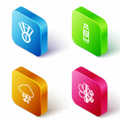 Sticker - Set Isometric line Medal, USB flash drive and shield, Cloud with snow rain and Air conditioner icon. Vector