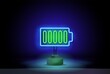 Neon battery icon. Glowing neon accumulator sign, outline electric charge pictogram in vivid colors. Phone battery, electrical charging station.