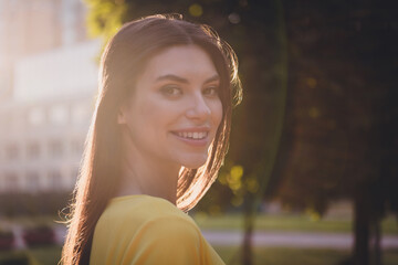 Poster - Profile portrait of gorgeous satisfied lady beaming smile look camera enjoy free time outside