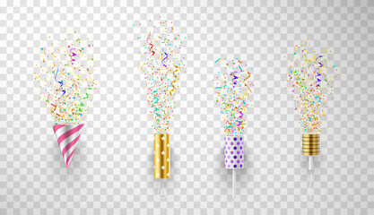 Realistic holiday crackers collection vector festival party confetti serpentine ribbon explosion