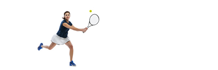 Flyer with young slim woman, tennis player training with racket and ball isolated on white background. Healthy lifestyle, fitness, sport, exercise concept.