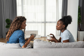 two sad depressed and anxious diverse women talking at home. female friends supporting each other wh