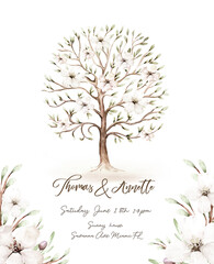 Watercolor Genealogical Family tree. Watercolor children's tree botanical season isolated illustration. olive, oak and cypress. Green forest ecology branch and leaves.