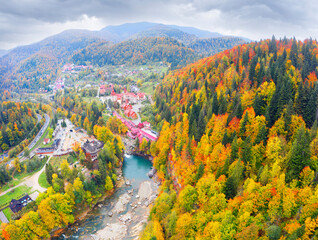 Wall Mural - Waterfall Yaremche autumn drone.