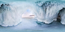 Ice Cave Grotto On Olkhon Island, Lake Baikal, Covered With Icicles. Spherical Panorama 360vr. Hob1
