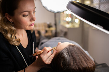 Canvas Print - Young woman making tatouage for eyebrows in a dressing makeup room. Eyebrows make up process. Make-up artist in beauty studio doing makeup for beautiful girl. Making mua.