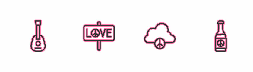 Sticker - Set line Guitar, Peace cloud, and Beer bottle icon. Vector