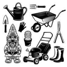 Gardening, Landscaping And Garden Gnome Set Of Vector Objects Or Design Elements In Vintage Monochrome Style Isolated On White Background