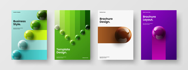 Clean 3D spheres book cover illustration bundle. Geometric flyer A4 vector design layout composition.