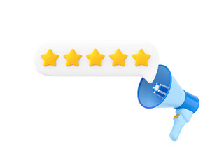 Megaphone and speech bubble with five gold star rating. Customer review. Feedback concept. Online feedback reputation quality customer review, business concept for apps and websites. 3d illustration