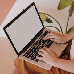 Wall Mural - Young woman working on laptop computer with copy space. Comfortable home office workspace interior design. Work at home