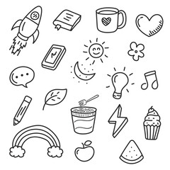 Set of miscellaneous doodle illustration isolated on white background