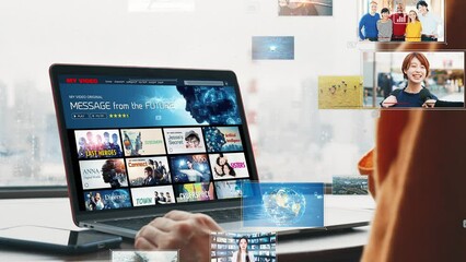Poster - Woman watching video distribution service with laptop PC.