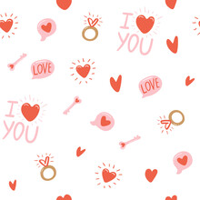 Seamless Pattern For Valentine's Day With Heart And Other Elements On A White Background. Valentine's Day, Wedding And Love Concept. Vector Illustrations