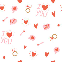 Wall Mural - Seamless pattern for Valentine's Day with heart and other elements on a white background. Valentine's day, wedding and love concept. Vector illustrations