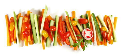 Wall Mural - Gemüsesticks mit Kirschtomaten und Radieschen - Salat und Gemüse Streifen Freigestellt. Rohkost Panorama