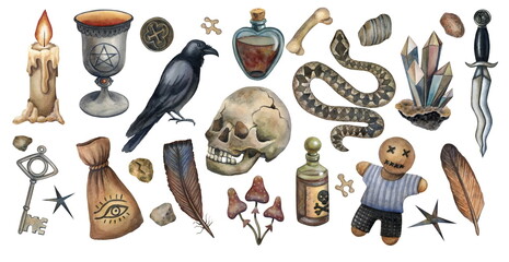 A set of watercolor illustrations. Witchcraft, mysticism, magic. 