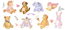 Watercolor Set Of Toy Animals Isolates,  For Babyparty, Giftcard, Funny And Cute