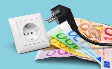 Canvas Print - Electric plug and money banknotes. Increasing of electricity costs for residential and business users