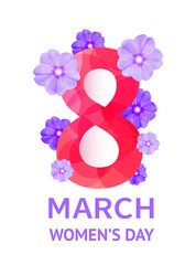 Wall Mural - March 8 - Happy Women's Day. Greeting card for International Womens Day in the form of red number 8 among the pink flowers. Concept of women, femininity, holiday, spring, love