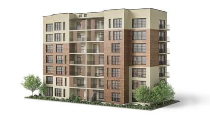 Modern residential building with brown facade at the white background. 3d illustration