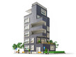 Modern residential building with blue facade at the white background. 3d illustration