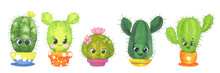 Cactus.  Drawing Watercolor Illustration Isolated On A White Background, Cute Cactus Character In Cartoon Style. Cute Plants Cacti Succulents In Pots.